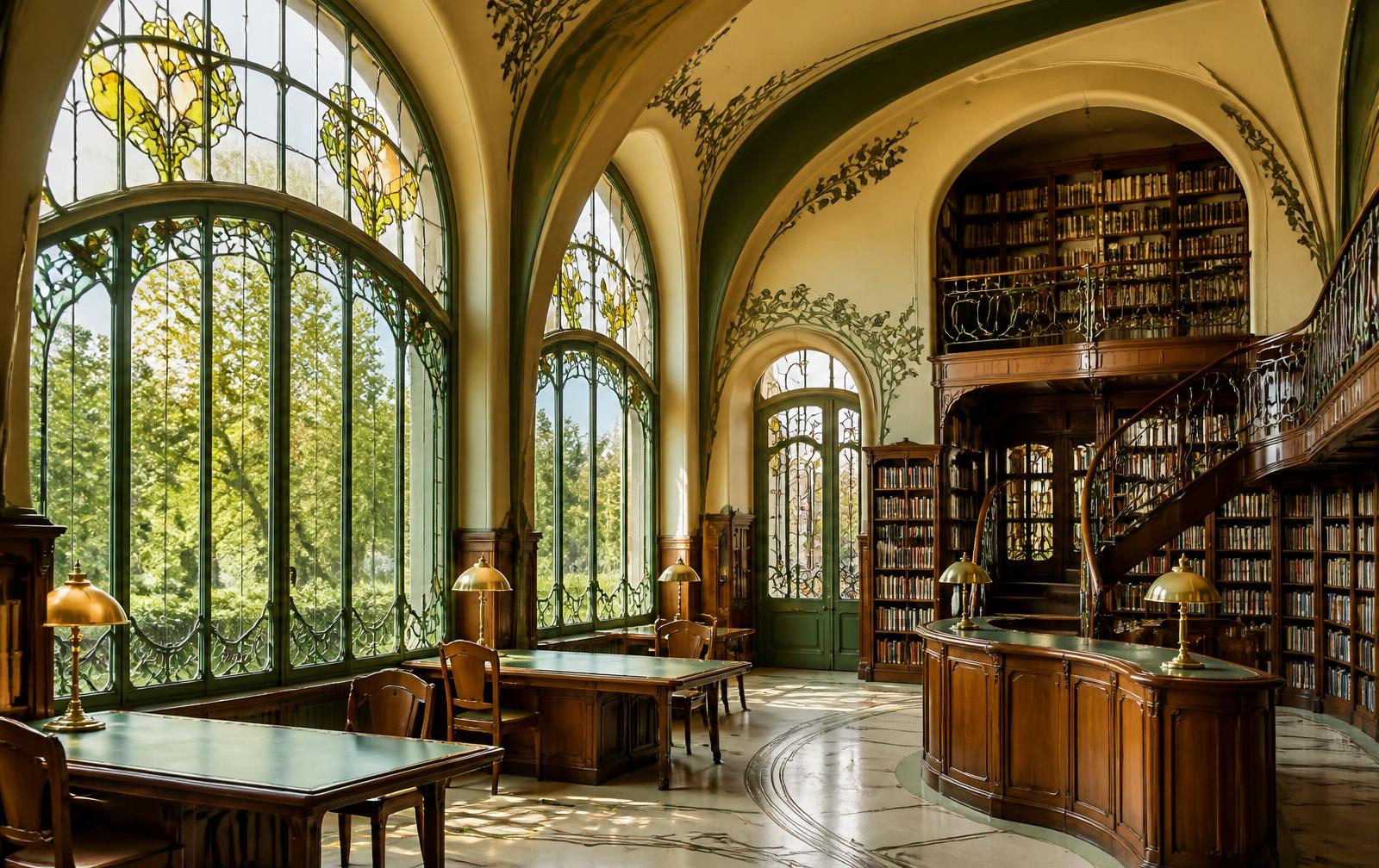 Sala de lectura modernista con vidrieras, lámparas de latón y estanterías de madera